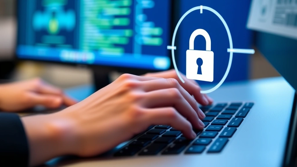 Close-up of hands typing on keyboard with padlock security icon visible on monitor screen, representing encrypted healthcare data protection and HIPAA compliance for patient portal safety