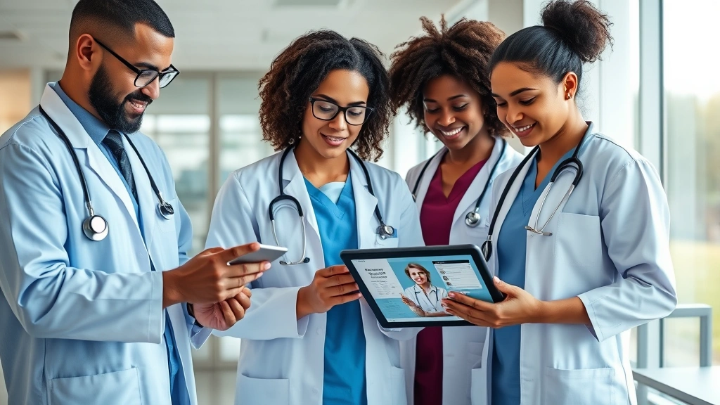 Diverse healthcare team of doctors and nurses reviewing patient information on tablet devices in modern clinic setting, demonstrating secure medical records access and collaborative patient care through digital portal