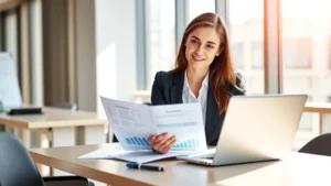 Professional woman in business attire reviewing financial documents and investment portfolio on modern desk with laptop, sunlit office background, confident expression