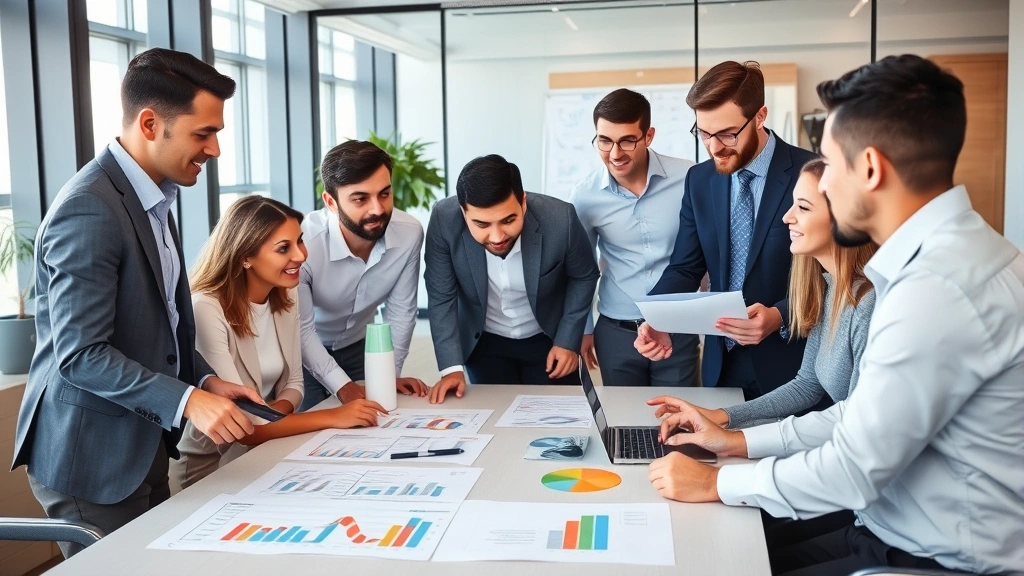 Diverse group of professionals in business casual clothing collaborating around conference table with financial charts and growth graphs visible, modern corporate office setting