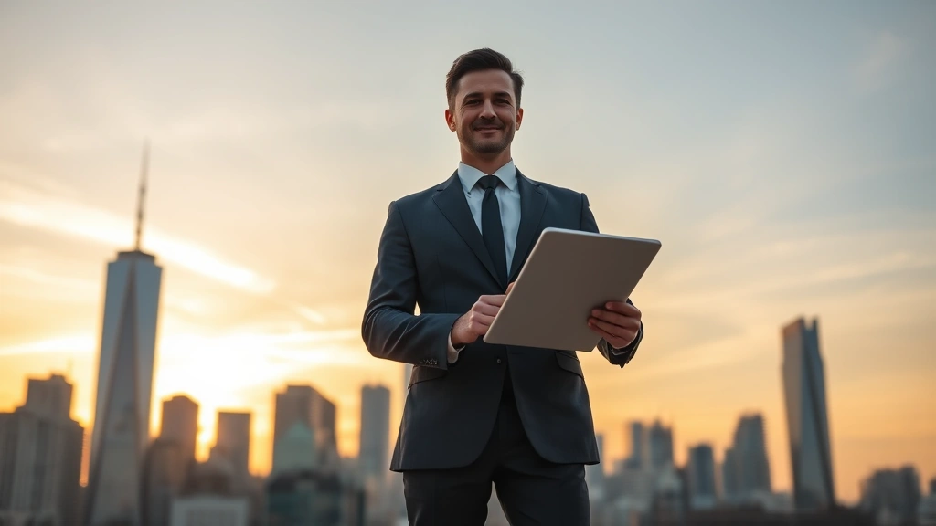 Successful businessman in suit standing confidently in front of city skyline at sunset, holding tablet showing investment performance, wealth and achievement symbolism