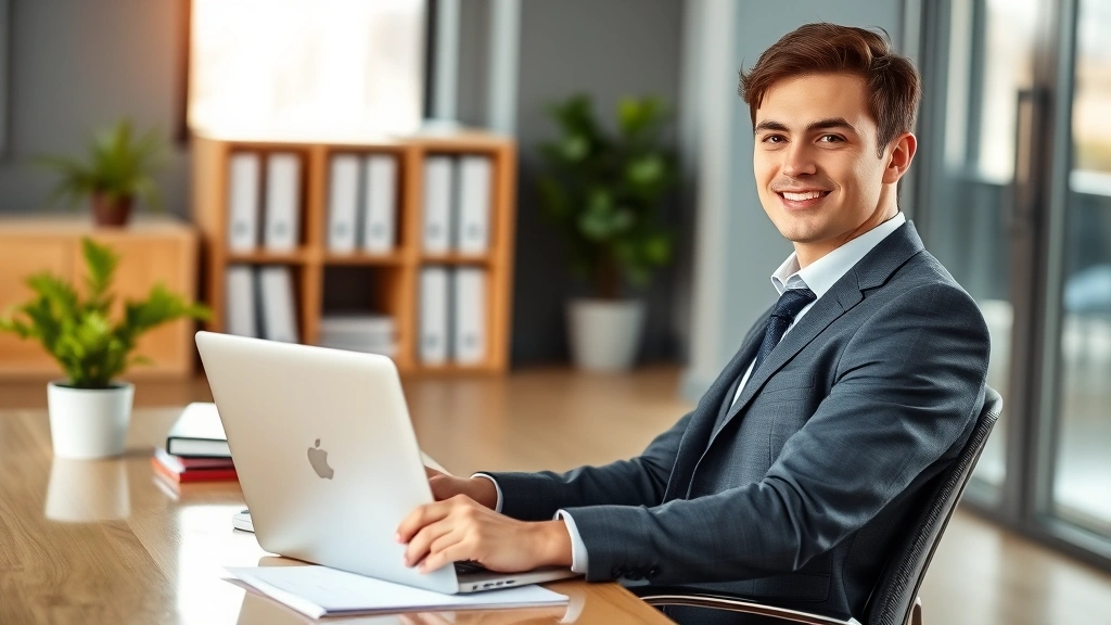Young professional in business casual attire sitting at desk with laptop and financial documents, confident expression, modern office environment with natural lighting, wealth and success atmosphere