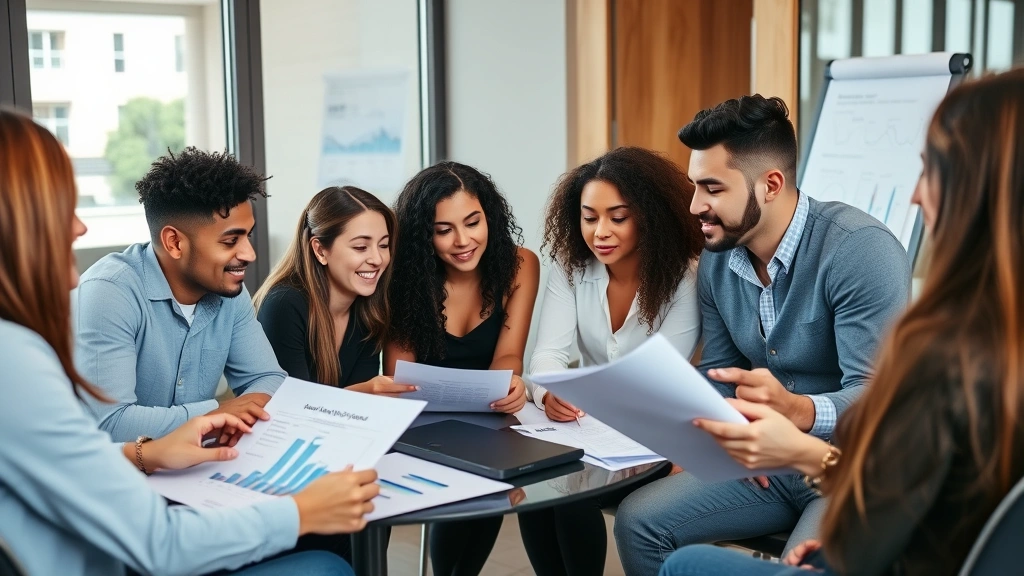 Diverse group of young adults in professional meeting discussing investment portfolio and financial planning, reviewing charts and documents together, collaborative wealth-building moment