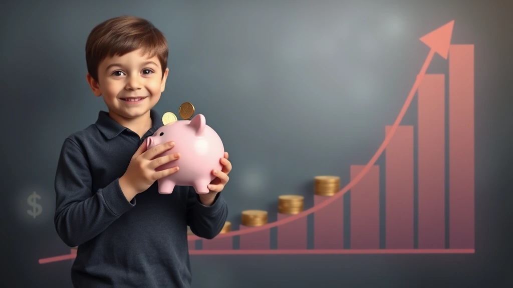 Young person holding piggy bank and coins, standing before upward trending graph visualization, representing savings growth and financial progress over time