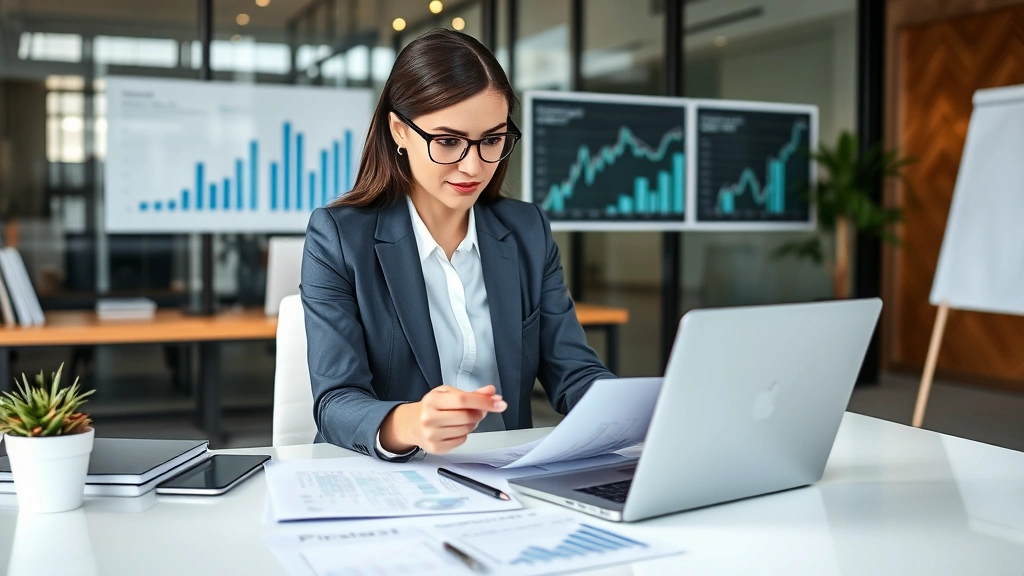 Professional woman in business attire reviewing financial documents and investment portfolio at modern office desk with laptop and financial charts visible