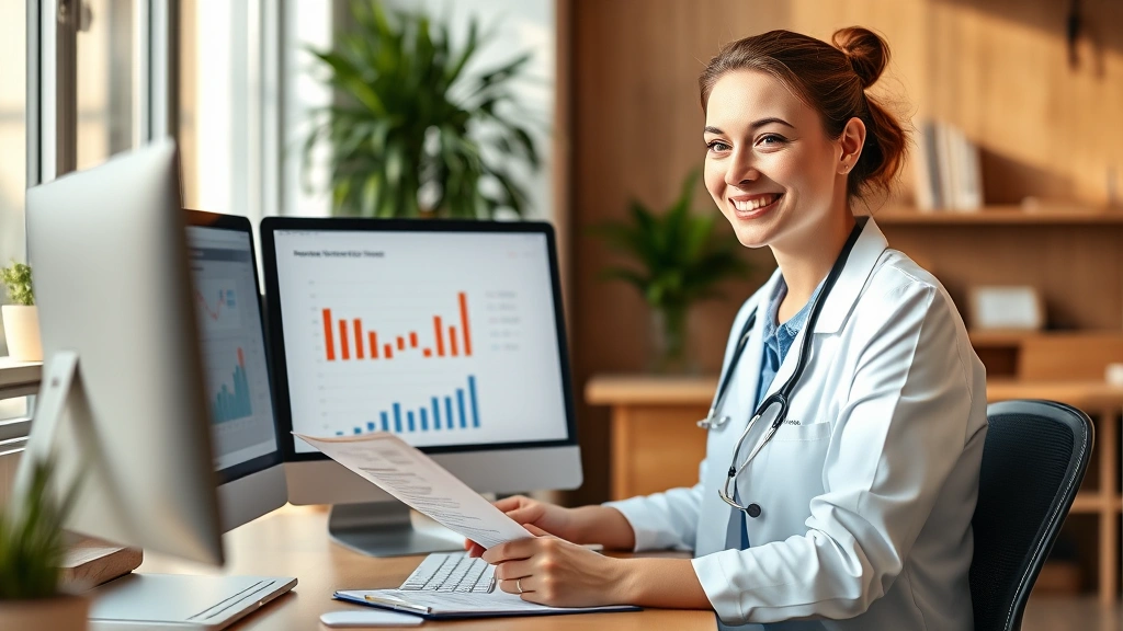 Professional woman healthcare worker in modern office confidently reviewing financial documents and investment portfolio on computer, natural lighting, warm professional atmosphere
