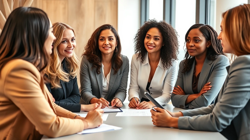 Diverse group of female professionals in business meeting discussing financial growth strategies and wealth planning with confident body language
