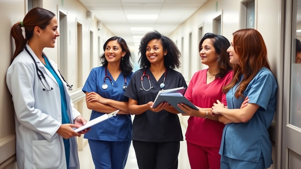 Diverse group of female medical professionals including doctor, nurse, and therapist in hospital hallway discussing career advancement and financial planning, collaborative environment