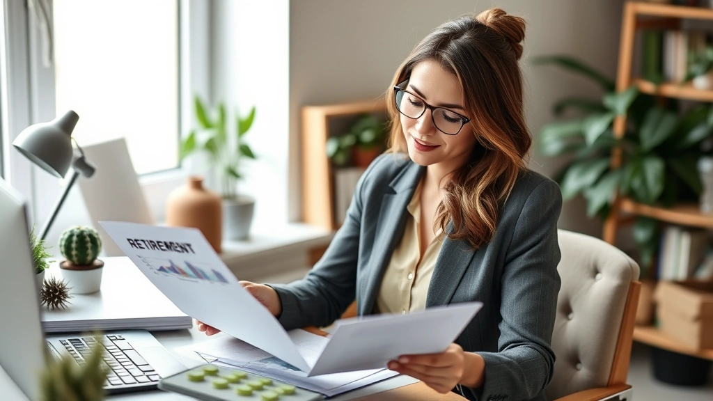 Confident woman reviewing retirement planning documents with calculator and investment materials at home office workspace with plants and natural lighting