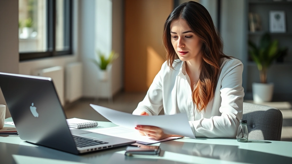Professional woman reviewing health insurance documents at desk with laptop and notepad, natural sunlight, modern office setting