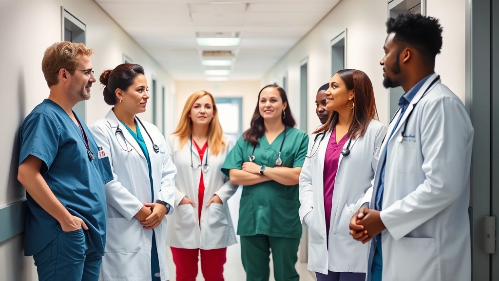 Diverse group of healthcare professionals in clinic hallway having discussion, wearing scrubs and white coats, bright medical facility