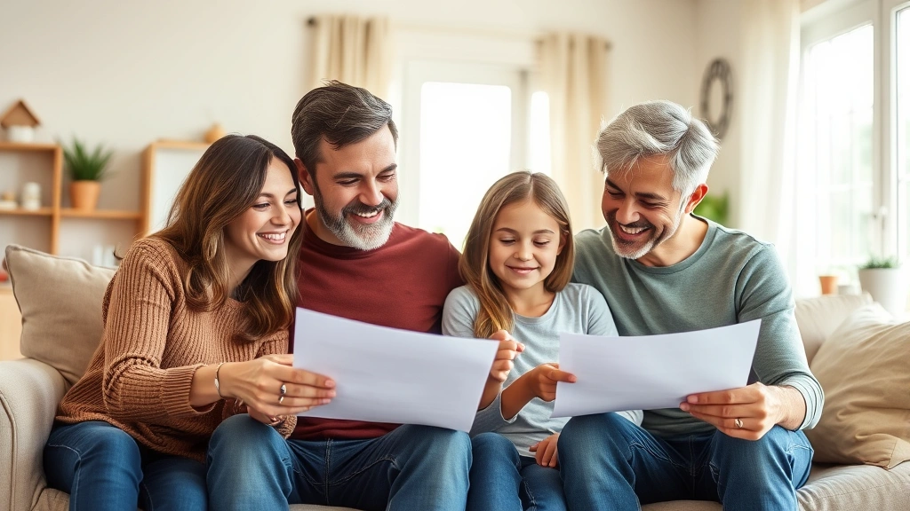 Family of four sitting together reviewing financial documents and insurance paperwork, warm home environment, genuine expressions