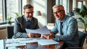 Professional wealth advisor discussing real estate investment strategy with client in modern office setting, reviewing property documents and financial charts on desk, natural lighting, confident expressions