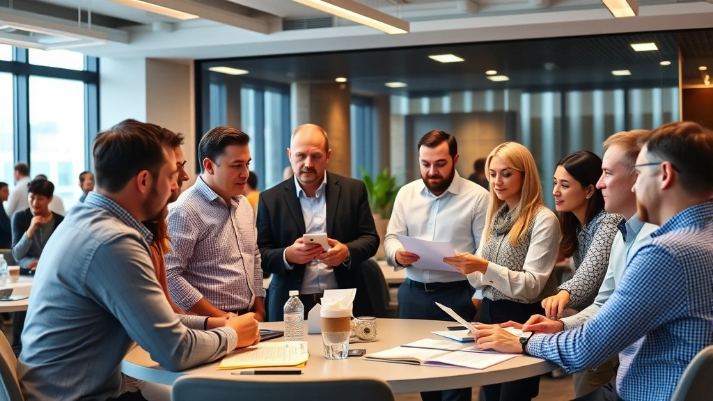 Diverse group of real estate investors and professionals networking at conference or seminar, reviewing market data and property portfolios, collaborative atmosphere, modern office environment