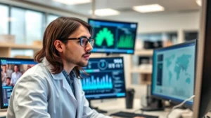 Professional epidemiologist analyzing disease data on computer screens in modern laboratory, focused expression, natural lighting, scientific environment