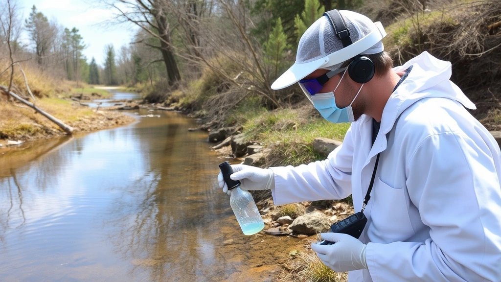 Environmental health specialist conducting water quality testing outdoors near natural water source, professional attire, scientific equipment visible
