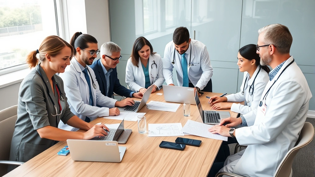 Diverse team of healthcare professionals in business casual clothing collaborating around conference table with laptops and documents