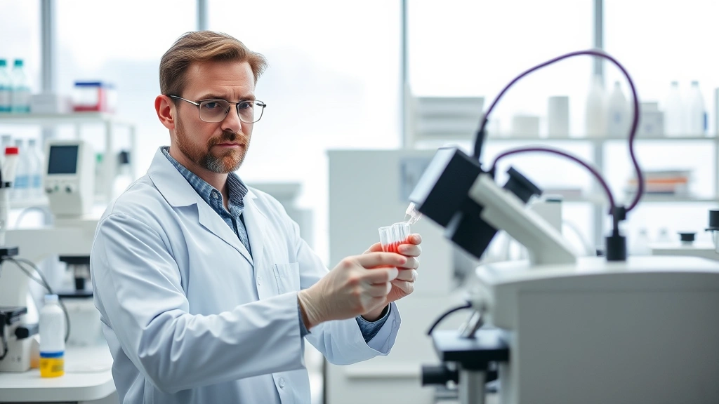 Young male epidemiologist in lab coat analyzing disease samples in modern research laboratory with scientific equipment