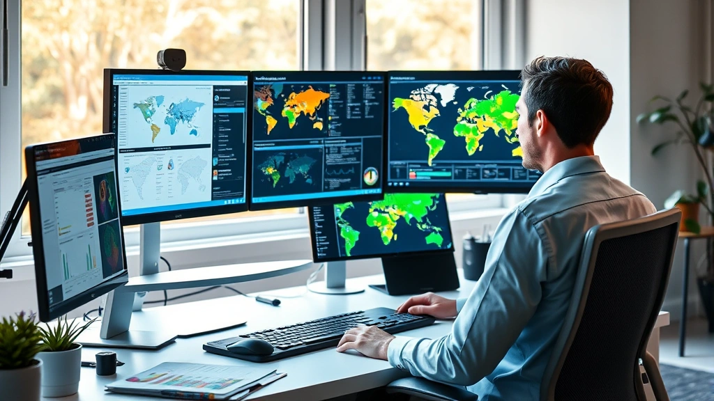 Professional public health analyst working at home office with multiple monitors displaying epidemiological data dashboards and disease surveillance maps, warm natural lighting from window, modern minimalist workspace setup