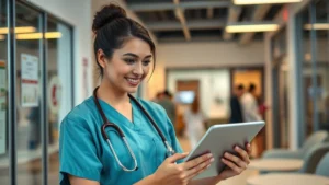 Professional female nurse in modern public health clinic setting, reviewing community health data on tablet, warm professional lighting, diverse urban healthcare environment