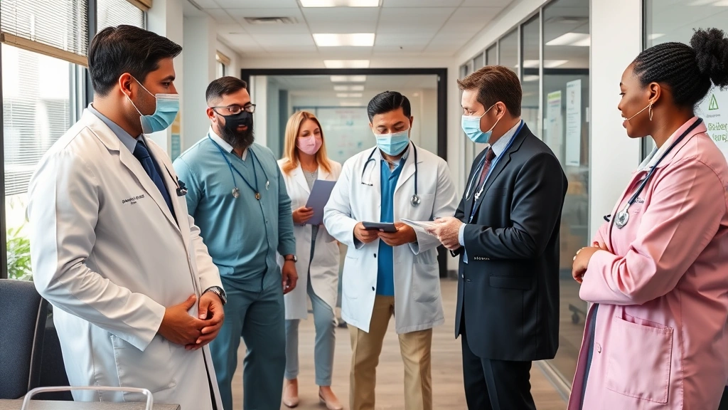 Team of healthcare professionals in public health department office collaborating on disease prevention program, diverse staff reviewing health initiatives, modern clinical workspace