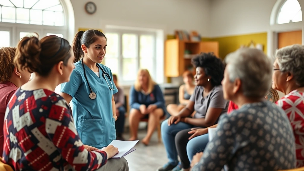 Female public health nurse conducting health education session with community members in bright community center, diverse group of people engaged in wellness discussion