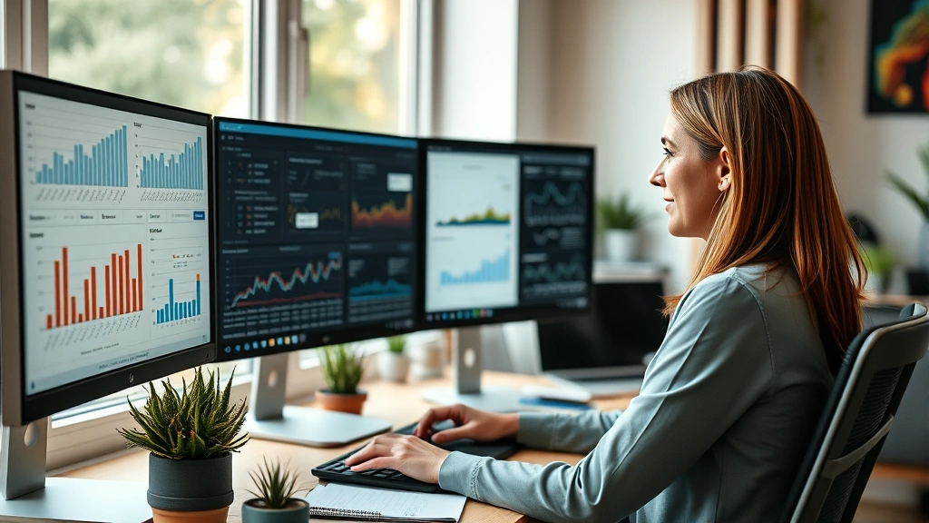 Professional woman working at home office with multiple monitors displaying health data dashboards and epidemiological charts, warm natural lighting from window, plants on desk, focused concentration