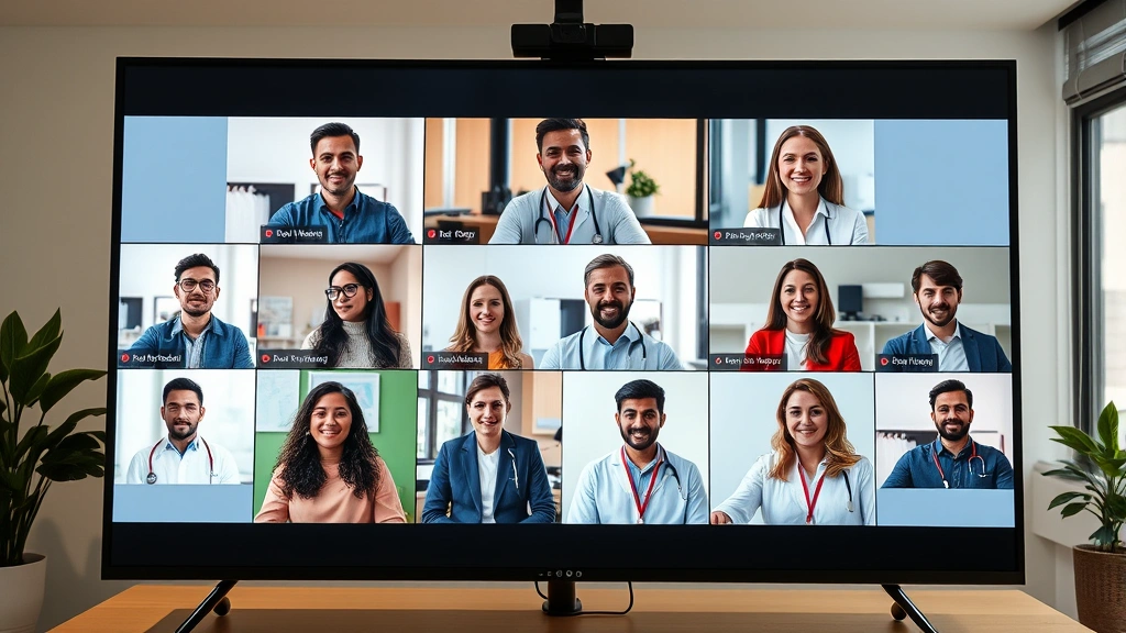 Diverse team of public health professionals in virtual meeting on large screen, colorful video conference interface visible, modern home office backgrounds, collaborative discussion atmosphere