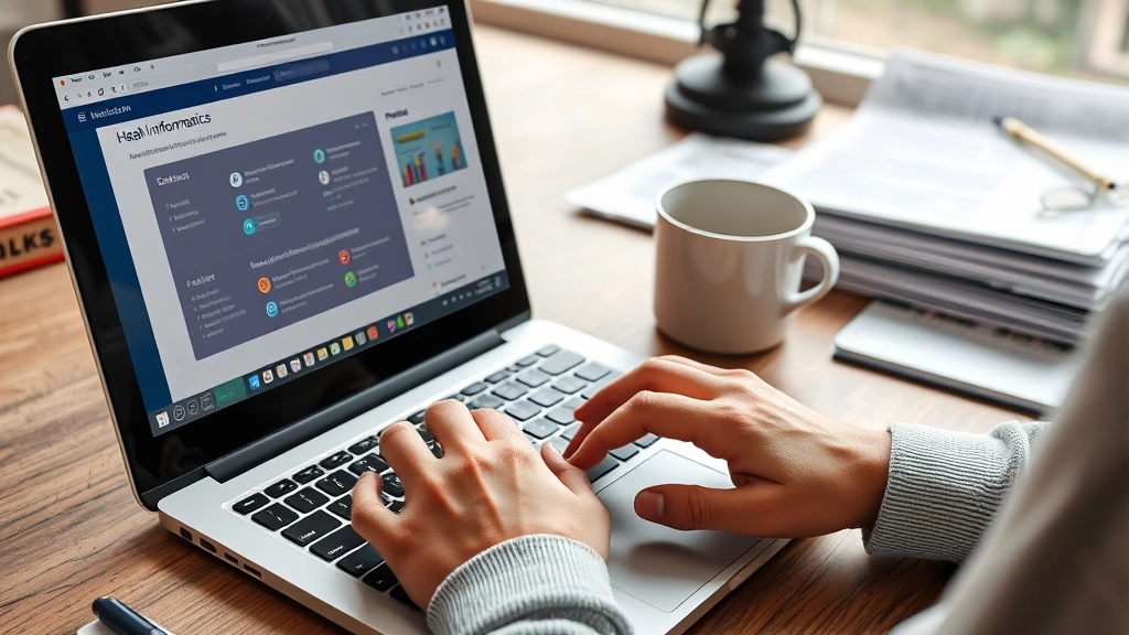 Close-up of hands typing on laptop keyboard with health informatics software open on screen, coffee cup nearby, organized desk with public health research papers, natural workspace lighting