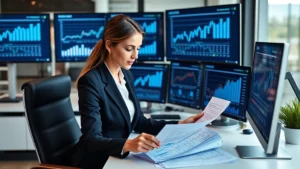 Professional woman in business attire reviewing financial documents and growth charts at modern office desk with multiple monitors showing investment portfolios