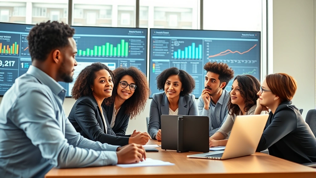 Professional diverse public health team collaborating in modern office conference room reviewing data dashboards and health statistics on large screens, natural daylight, focused expressions