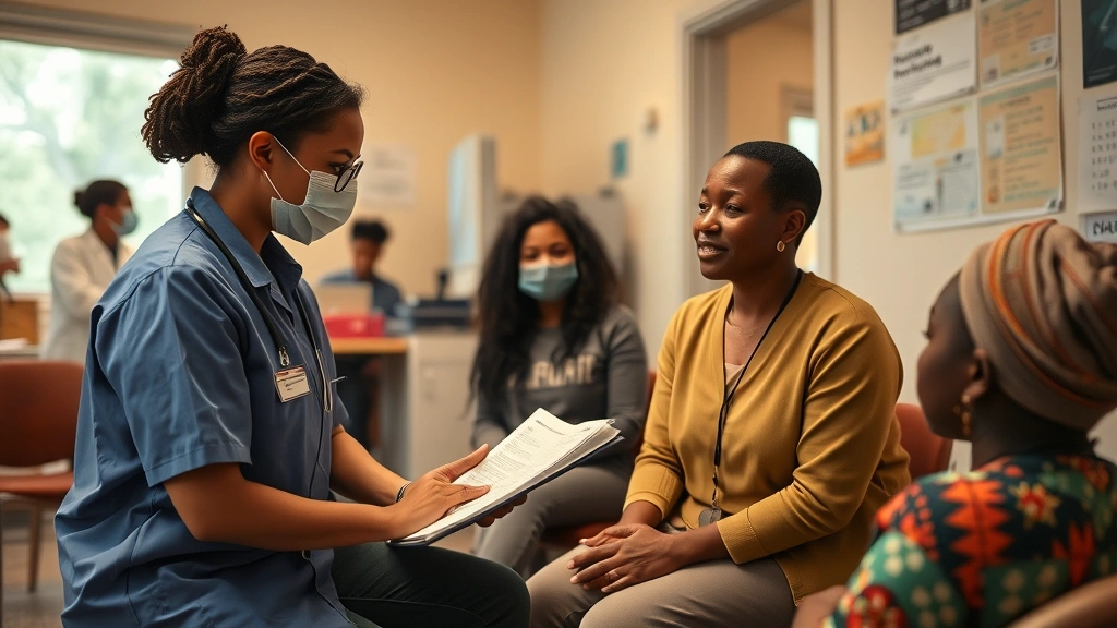 Community health worker conducting preventive health screening in neighborhood clinic with patient, warm lighting, clinical but welcoming environment, diverse representation