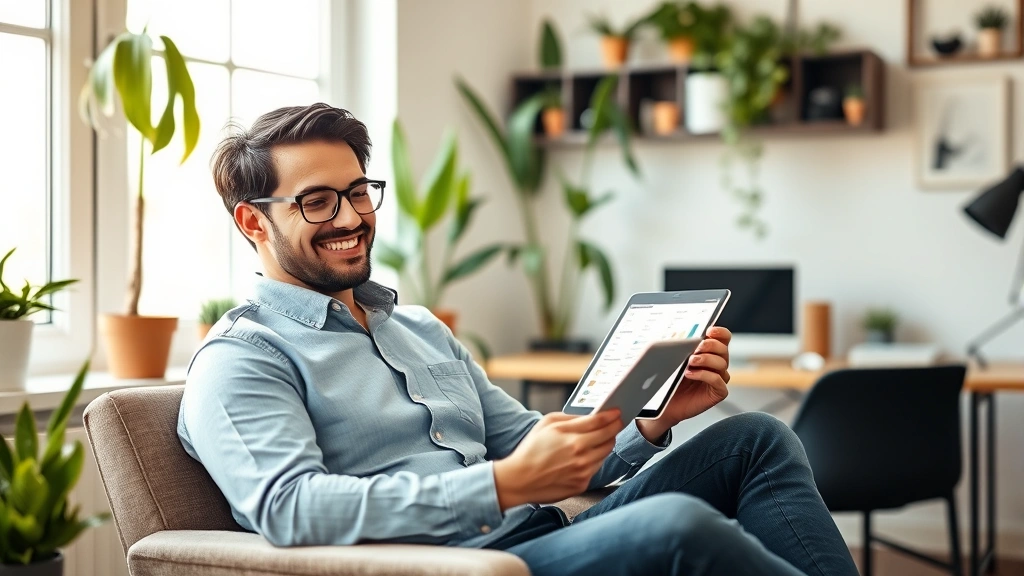 Person confidently reviewing investment portfolio on tablet while sitting in comfortable home office with plants, warm natural lighting, organized workspace