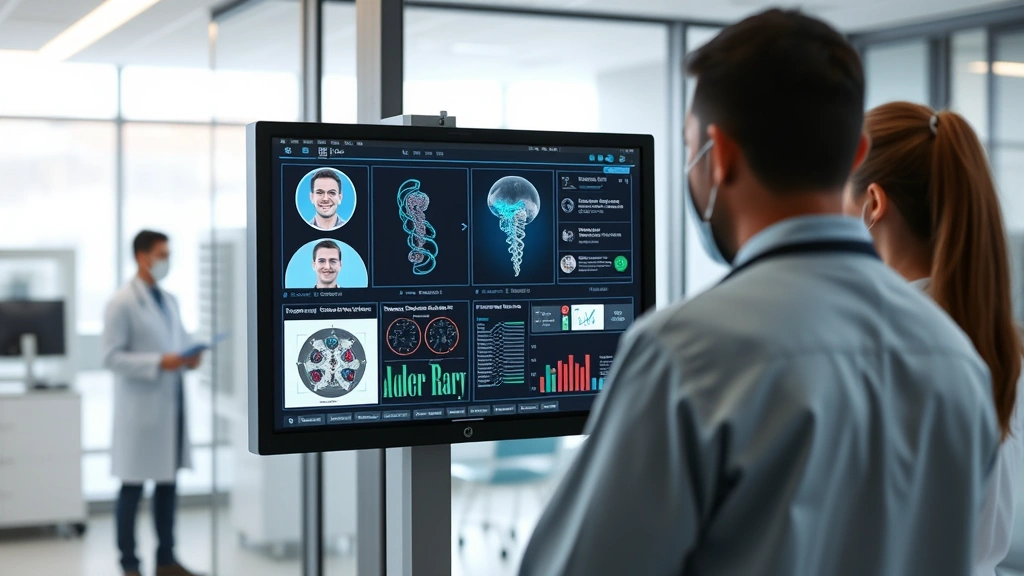 Digital health technology interface showing real-time disease surveillance data, telemedicine consultation on screen, modern healthcare facility background, professional healthcare workers reviewing information