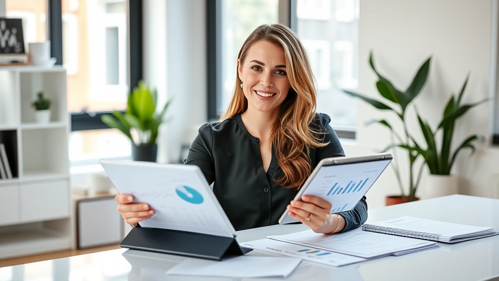 A professional woman sitting at a modern desk reviewing healthcare documents and a tablet showing health analytics dashboard, natural daylight from window, contemporary home office setting, confident expression