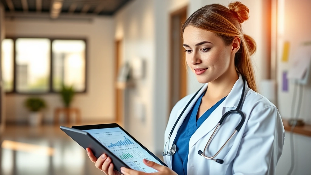 Professional healthcare provider using modern digital tablet with charts and patient data in a contemporary medical clinic setting, warm natural lighting, focused and engaged expression, stethoscope nearby