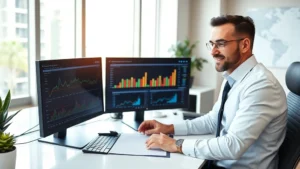 Professional investor reviewing financial statements and portfolio performance metrics on a modern desk with dual monitors, professional office setting, natural daylight, confident expression