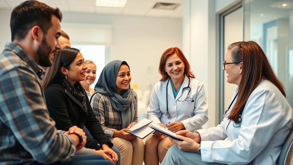 A diverse group of people of various ages having a consultation with a healthcare provider in a clean, modern clinic, warm lighting, friendly atmosphere, taking notes and discussing health plans