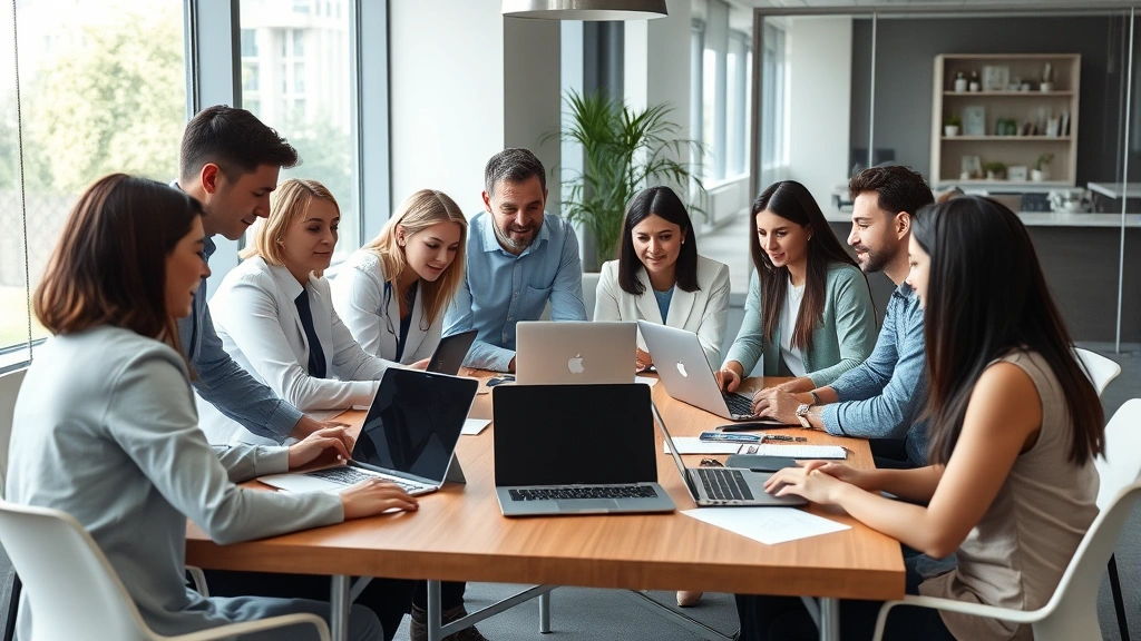 Diverse team of healthcare technology professionals collaborating around a conference table with laptops and documents, modern office environment, natural window lighting, discussing digital health solutions