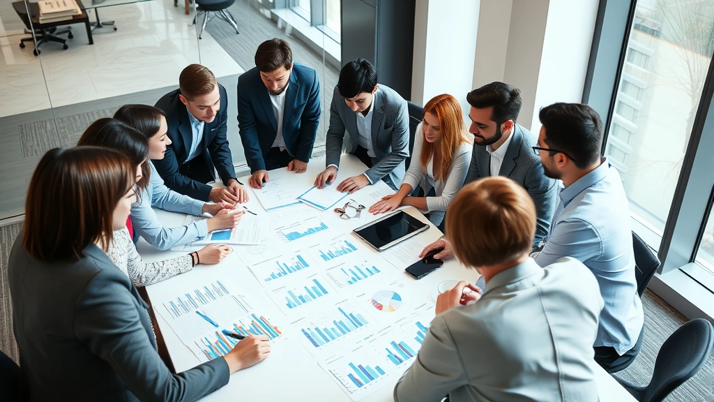 Diverse group of people in business casual attire having a collaborative discussion around a conference table with charts and financial reports visible, modern corporate office