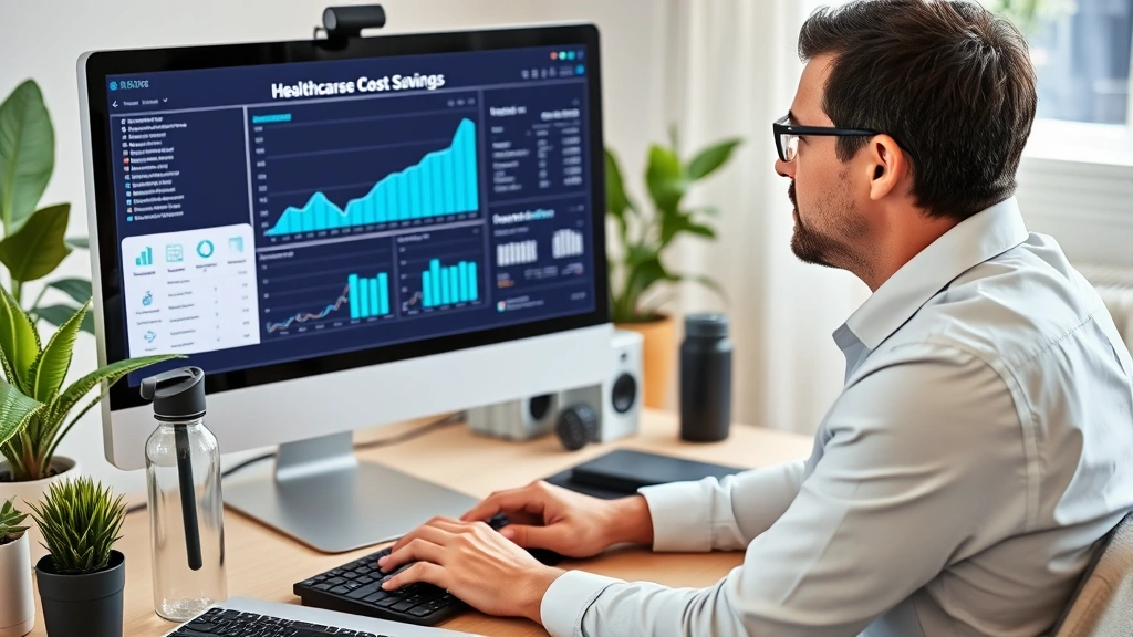 A person reviewing financial charts and healthcare cost savings data on a computer screen in a home office, surrounded by wellness items like water bottle and plant, focused expression, bright clean space