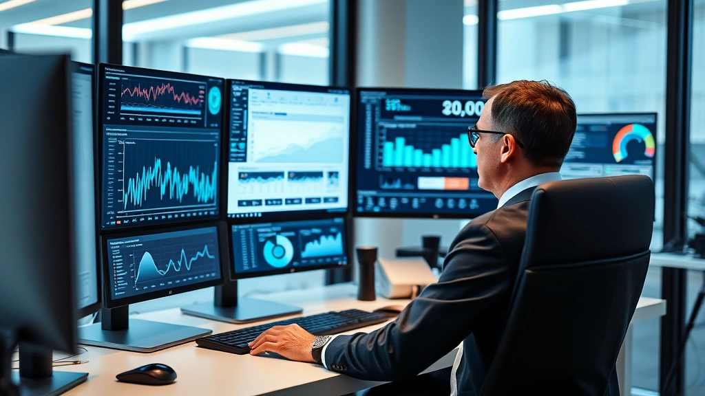 Healthcare executive reviewing financial performance metrics on multiple computer monitors in a tech-forward office, graphs and data visualization, professional attire, sophisticated workspace reflecting healthcare innovation