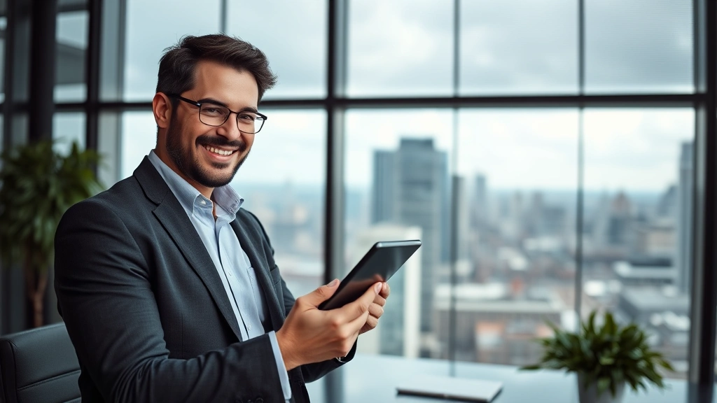 Successful entrepreneur or financial advisor smiling confidently while reviewing investment portfolio growth on digital tablet, contemporary workspace with city skyline visible through windows