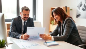 Professional financial advisor meeting with confident client in modern office, reviewing investment portfolio charts and retirement plans on desk, natural lighting, warm professional atmosphere