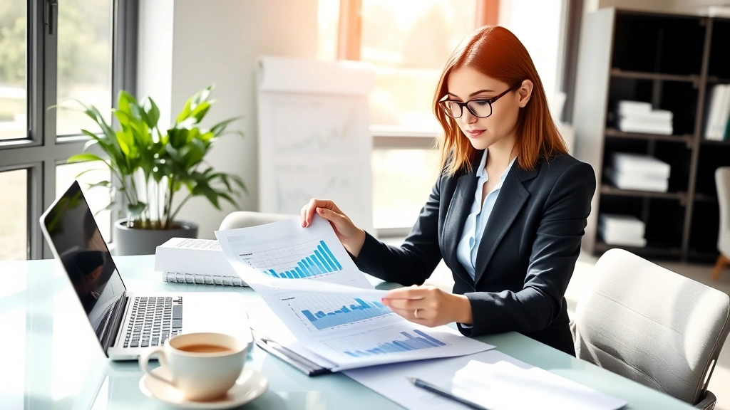 Professional woman in business attire reviewing financial documents and charts at a modern desk with laptop and coffee, sunlit office environment, confident expression, focused on wealth planning