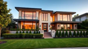 Luxury modern residential property exterior with manicured landscaping, professional real estate photography style, afternoon golden hour lighting, no text or signs visible, showing architectural details and curb appeal