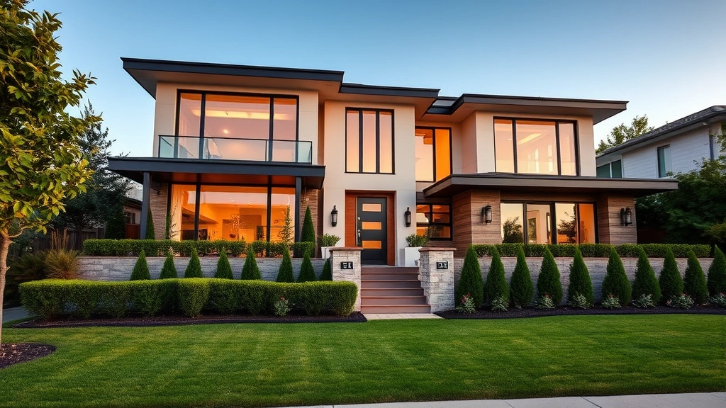 Luxury modern residential property exterior with manicured landscaping, professional real estate photography style, afternoon golden hour lighting, no text or signs visible, showing architectural details and curb appeal