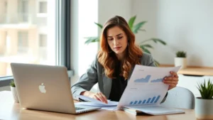 Professional woman reviewing financial documents and savings plan at modern desk with laptop, natural lighting, confident expression, organized workspace with plant