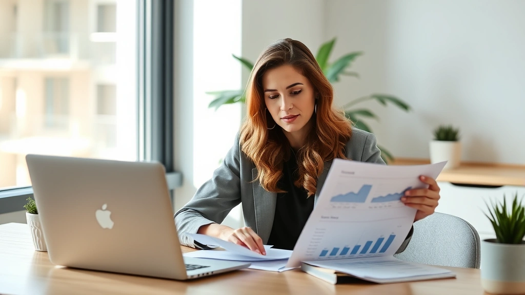 Professional woman reviewing financial documents and savings plan at modern desk with laptop, natural lighting, confident expression, organized workspace with plant
