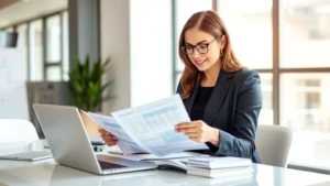 Professional woman in business attire reviewing financial documents at modern desk with laptop, confident expression, natural office lighting, wealth accumulation concept